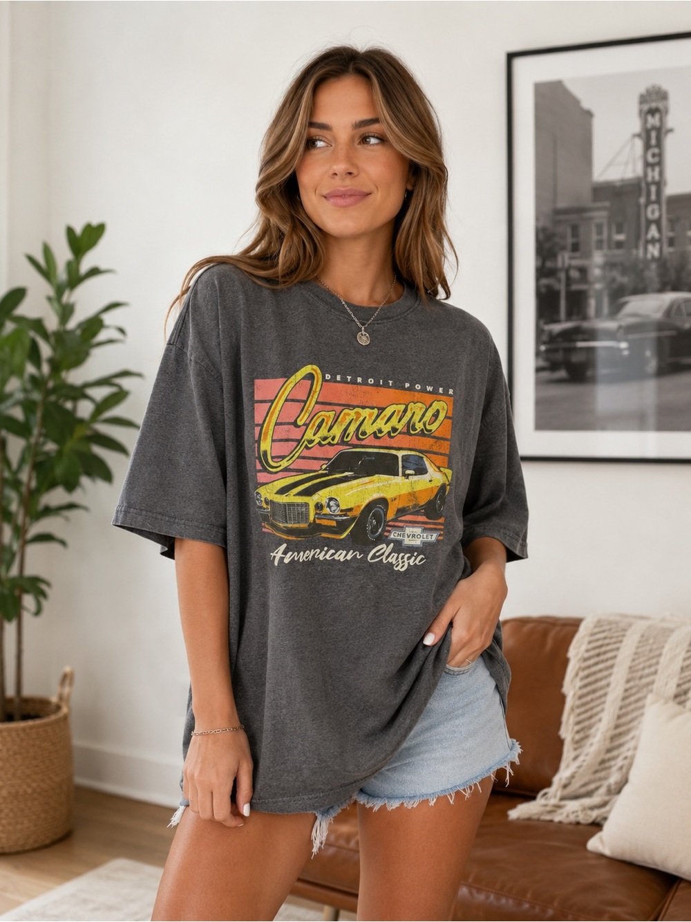 Camaro Graphic Tee - Charcoal with Yellow & Orange Print